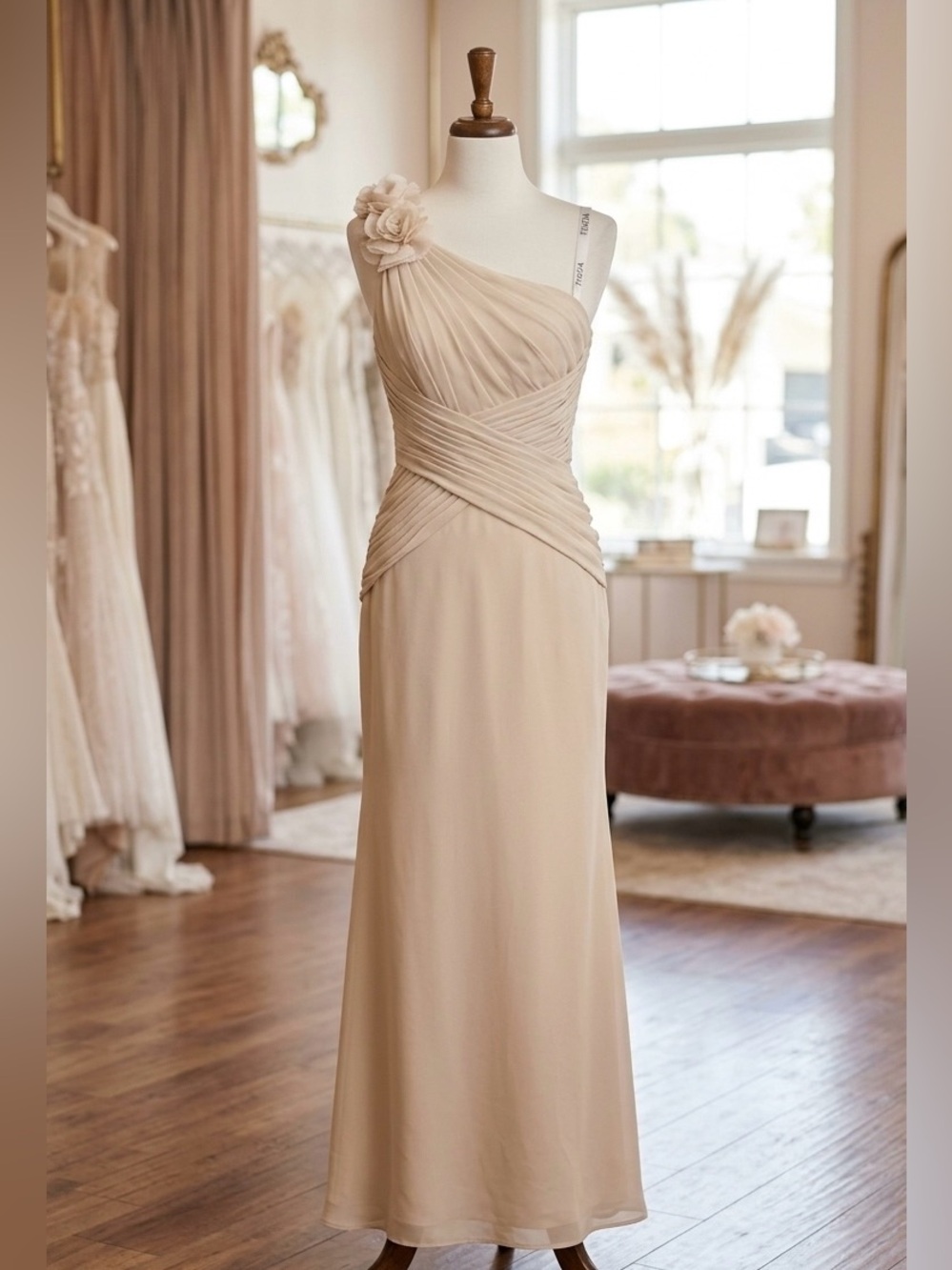 David’s Bridal Champagne One Shoulder Ruched Formal Dress Size 2